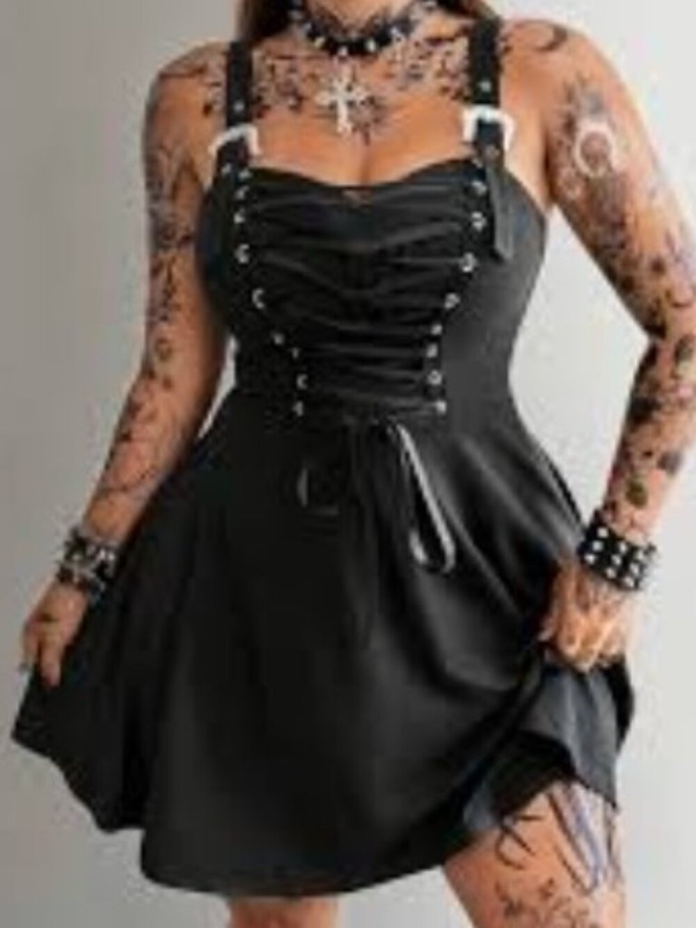 SHEIN Curve 2XL Black Goth Corset Buckle Strap Mini Skater Dress